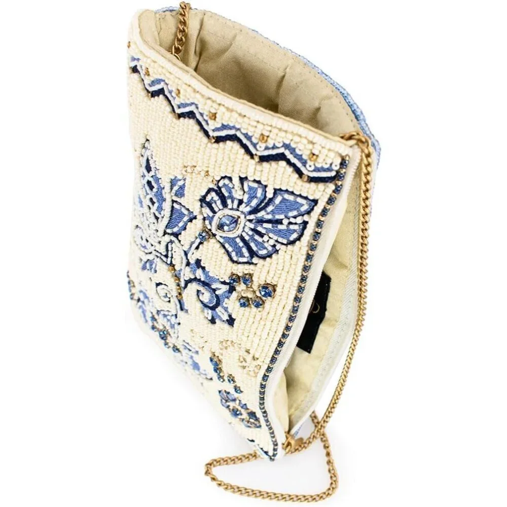 Beaded Floral Crossbody Cell Phone Bag Clutch Vegan Friendly Ivory Blue